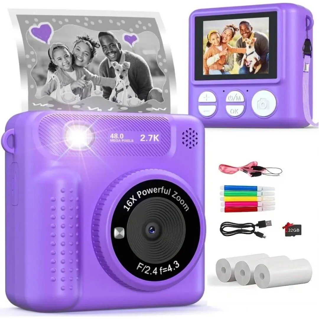 Appareil Photo Instantané pour Enfants, Appareil Photo Numérique 1080p avec Impression Instantanée, Carte de 32 Go et 3 Rouleaux de Papier Thermique, Cadeau d'anniversaire pour Enfants et Filles de 3