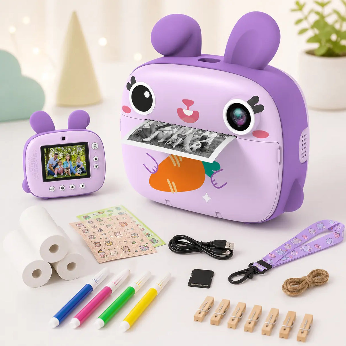 Appareil photo enfant lapin violet avec impression sans encre et accessoires