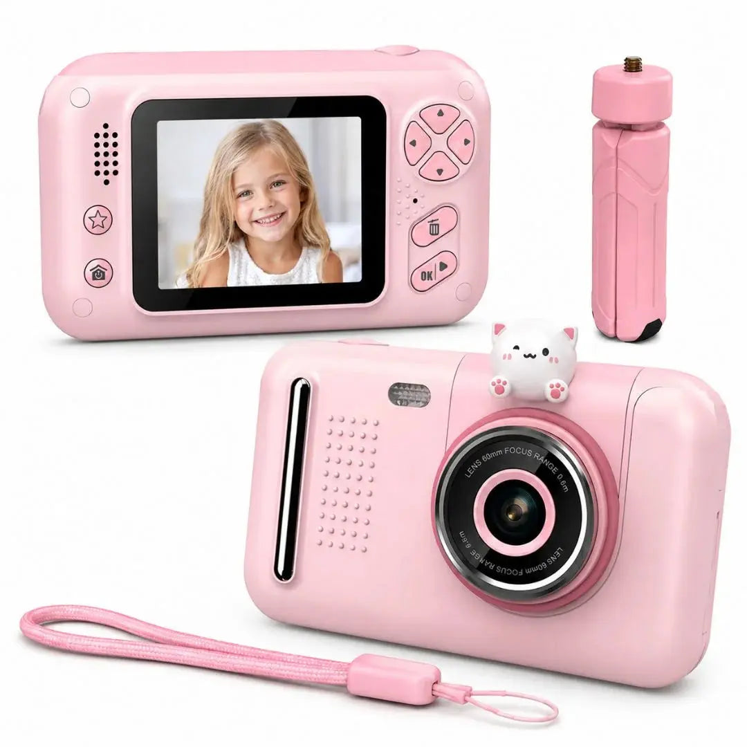 Appareil photo enfant rose avec écran selfie fille souriante et trépied