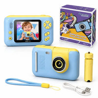 Appareil photo enfant bleu jaune set complet avec boîte câble USB et trépied