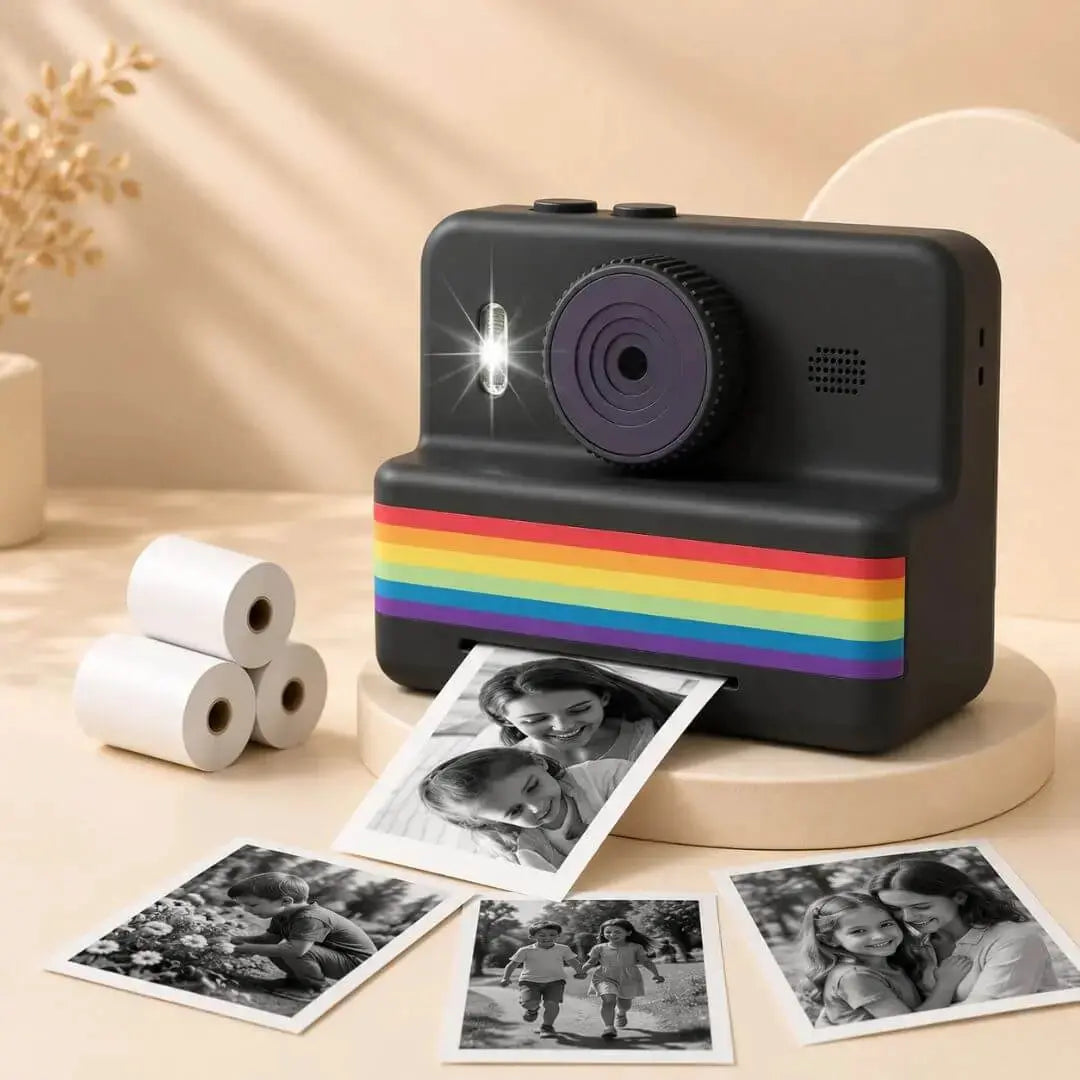 Appareil photo imprimante enfant noir avec photos en noir et blanc