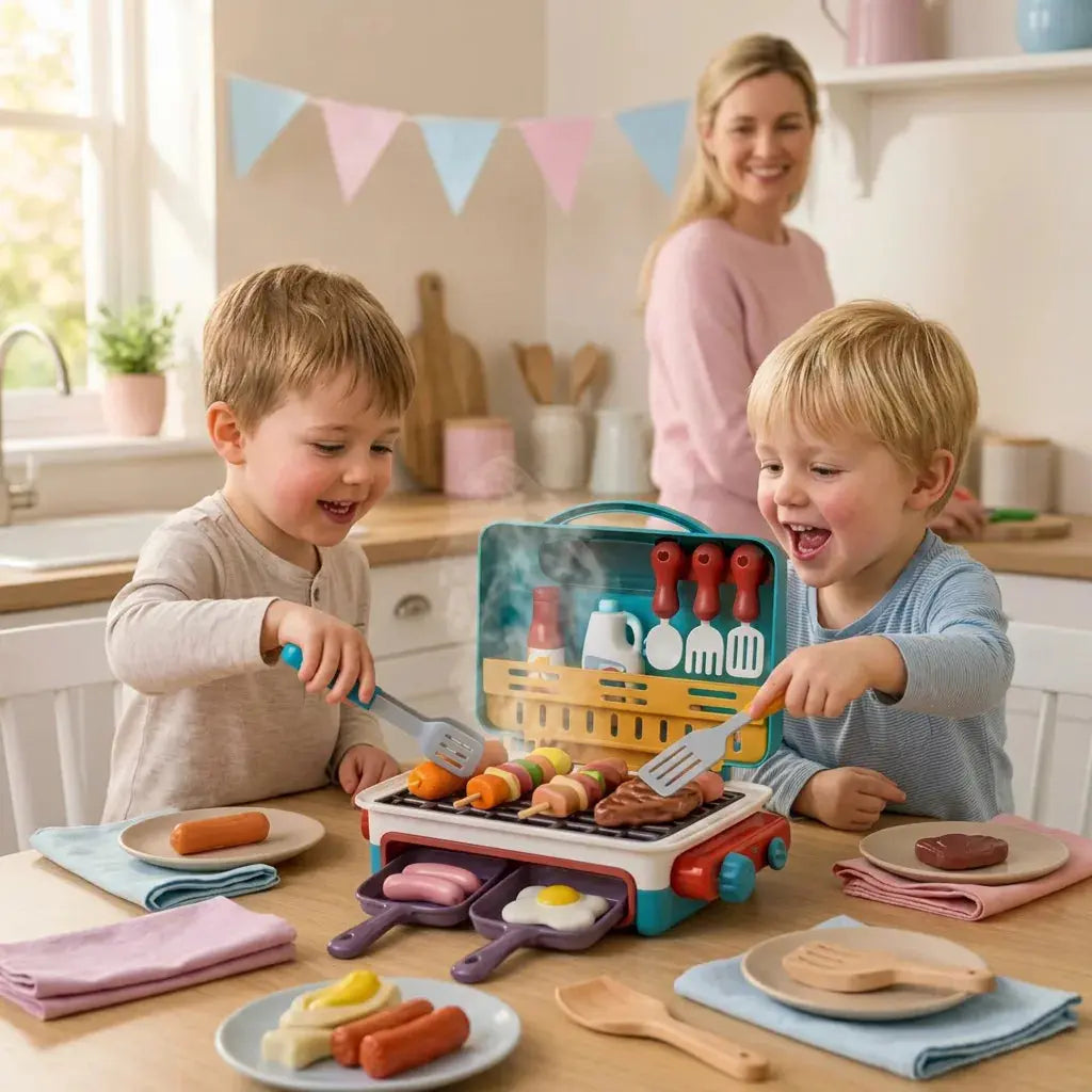 Enfant de 3 ans jouant avec barbecue jouet turquoise effets vapeur
