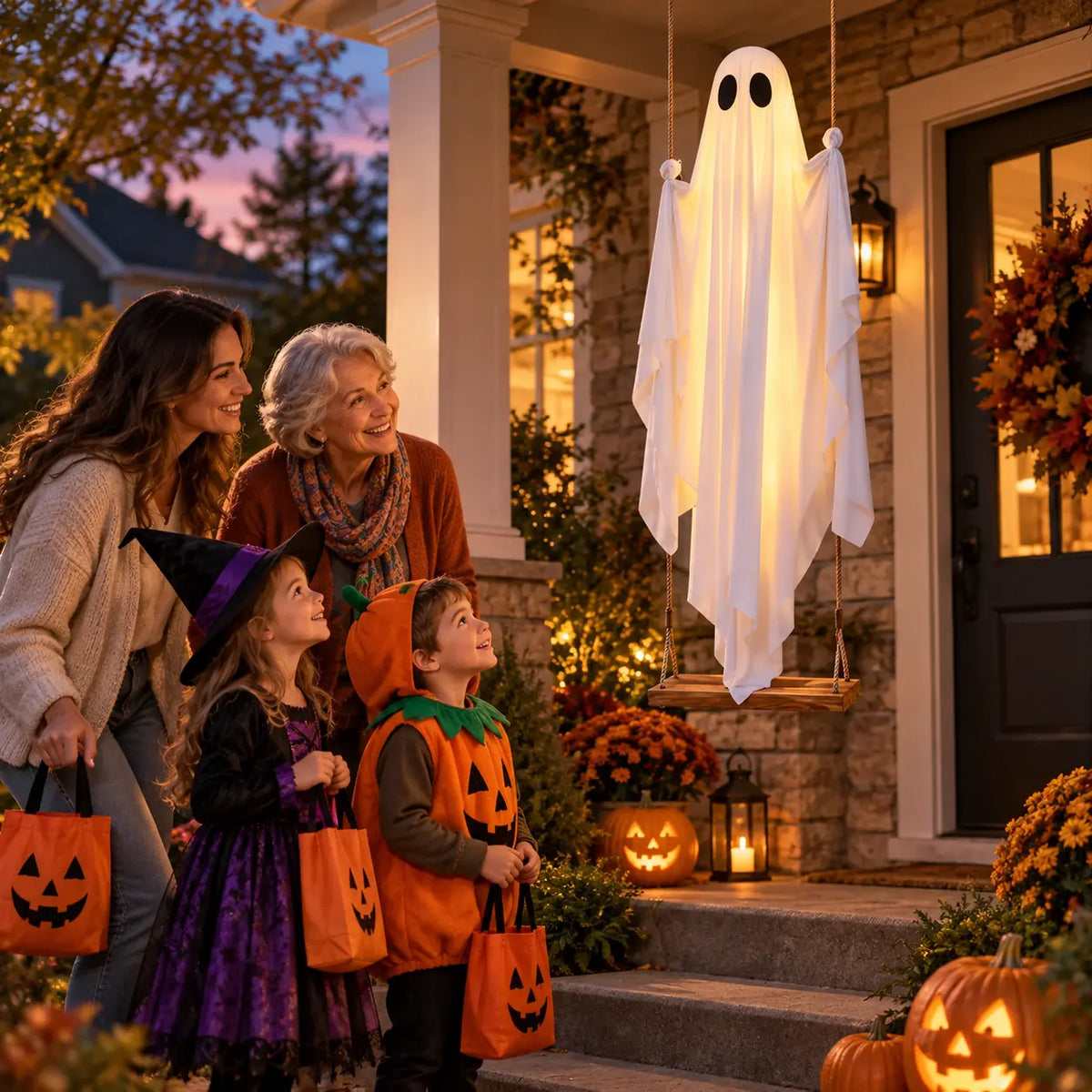 Fantôme lumineux Halloween à l'entrée avec maman, mamie et enfants déguisés