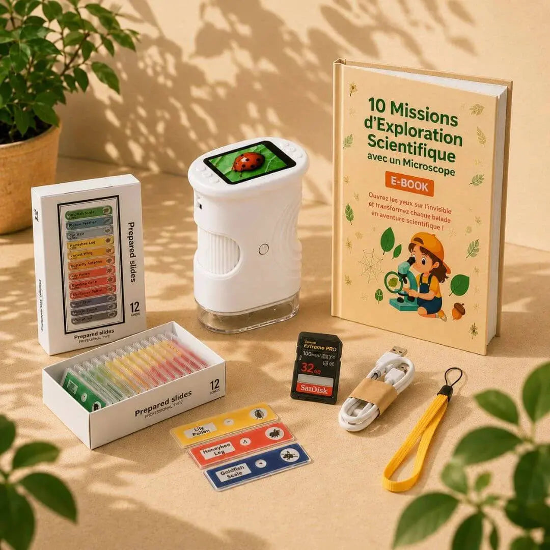Kit microscope enfant EduZoom blanc avec lames préparées ebook et accessoires inclus