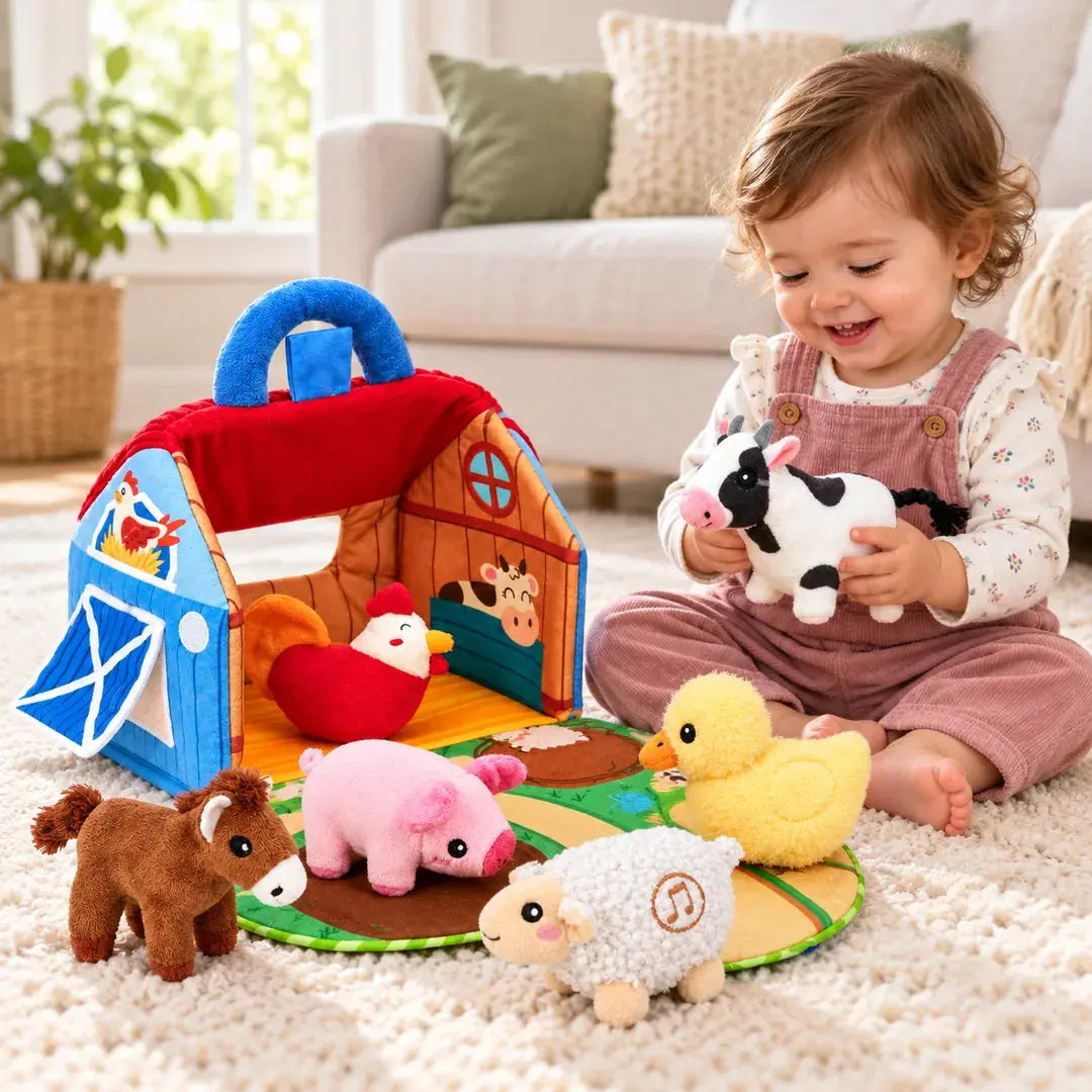 Enfant jouant avec la ferme sensorielle en peluche et ses six animaux