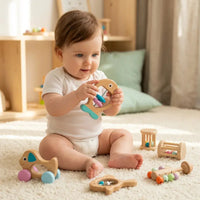Bébé tenant hochet poisson bois Montessori sur tapis doux naturel
