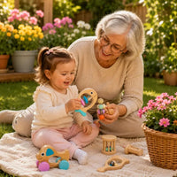 Grand-mère et bébé jouant ensemble avec hochets Montessori bois jardin fleuri