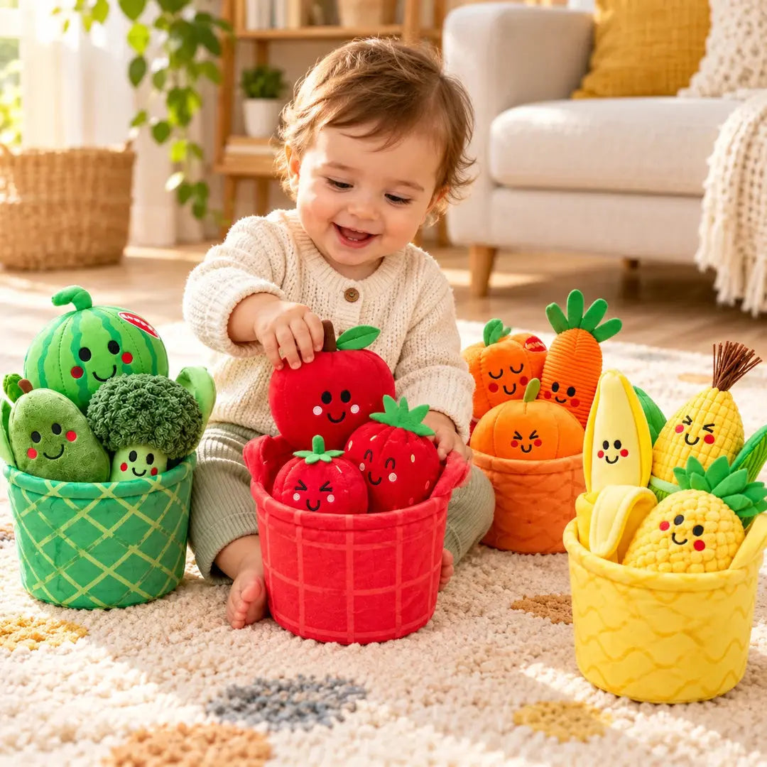 Bébé triant des fruits et légumes souples dans quatre paniers colorés