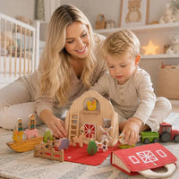 Mère et enfant explorant ferme bois Montessori figurines animaux chambre
