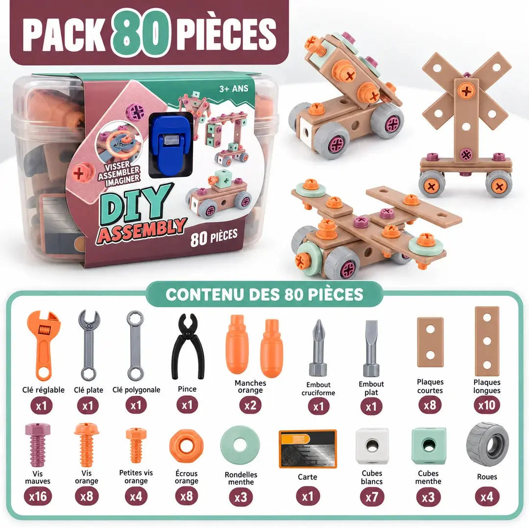 Pack 80 pièces avec inventaire détaillé et mallette DIY Assembly