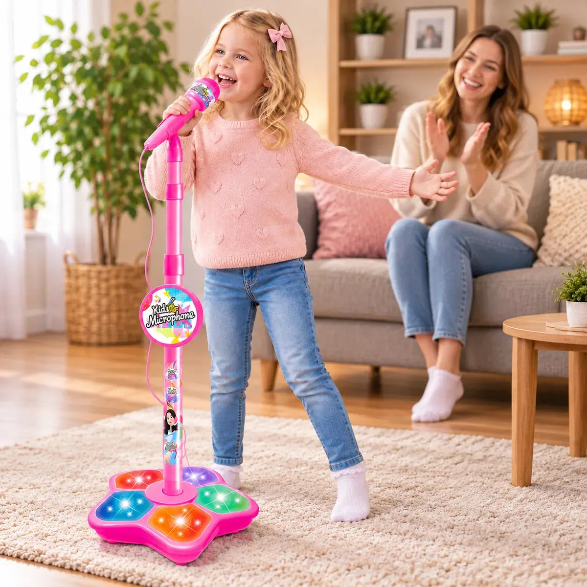 enfant qui chante avec un micro sur pied rose et gagne confiance