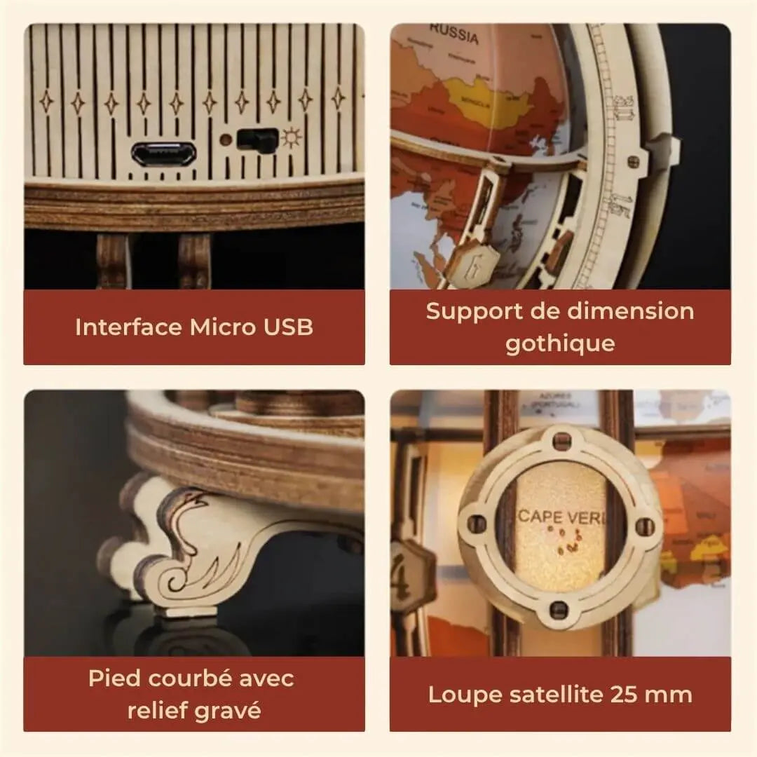 Maquette 3D Globe Lumineux ROKR – 180 Pièces Bois, Mécanique, Veilleuse USB