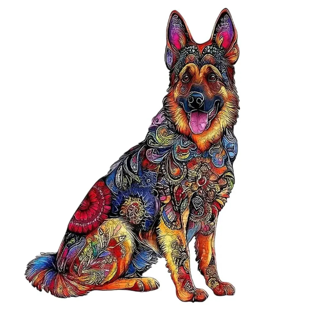 Puzzle chien en bois 2D avec pièces uniques, activité familiale relaxante et éducative pour enfant et adulte.