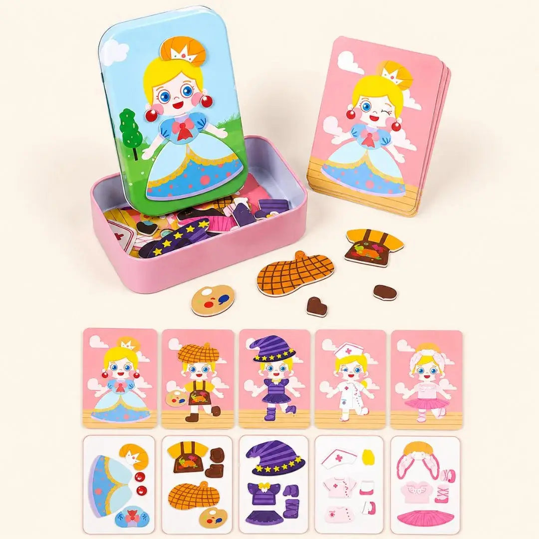 Jeu magnétique  princesse boîte rose cartes tenues interchangeables enfant