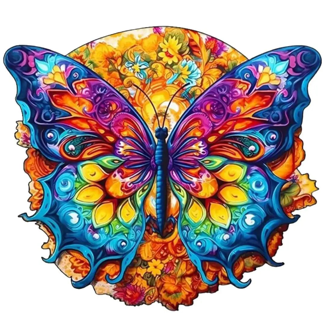 Puzzle papillon en bois artistique pour enfant et adulte, jeu éducatif familial avec pièces uniques colorées, activité calme et créative sans écran.