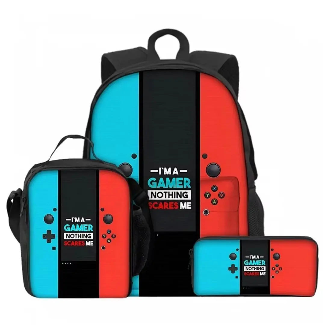 Ensemble sac à dos scolaire garçon gamer 3 en 1 avec boîte à lunch et trousse.