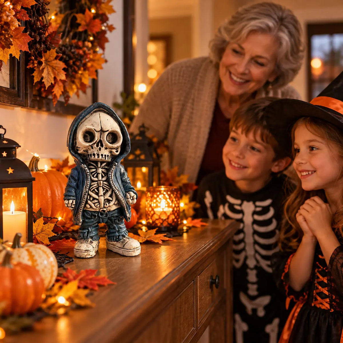 Le Gardien de Minuit, statuette squelette bleue dans un décor Halloween