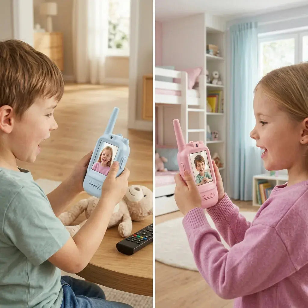 Enfant garçon et fille jouant avec talkies-walkies vidéo roses et bleus