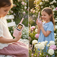 Talkie-walkie enfant rose poudré avec écran filles jouant au jardin fleuri