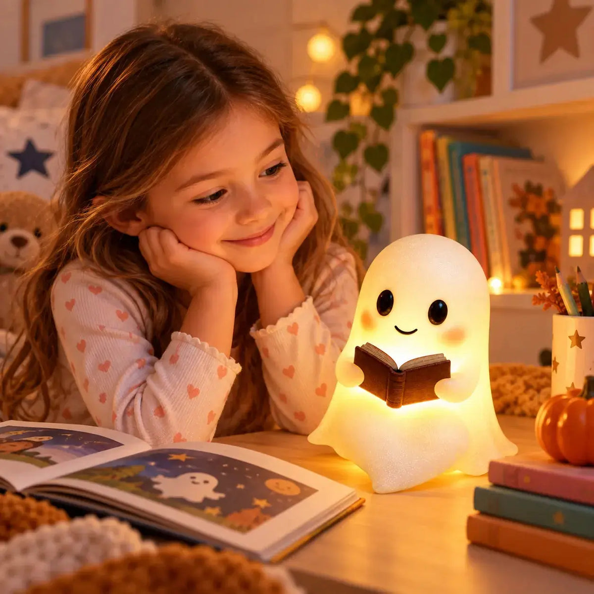 Veilleuse fantôme lecture BBChoupette avec enfant dans une chambre cosy