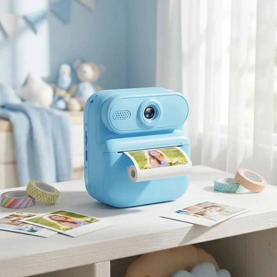 Appareil photo enfant bleu imprimant photo couleur sur bureau chambre décoration pastel